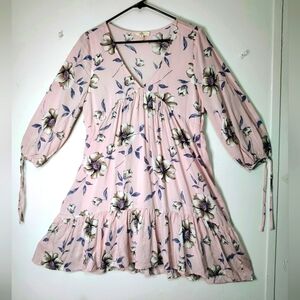 entro floral flared dress, pink tunic style, Ruffles     V-neck, oversized S.